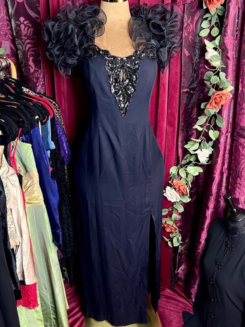 Vintage 80s Late Edition Puff Sleeve Beaded Midi Dress